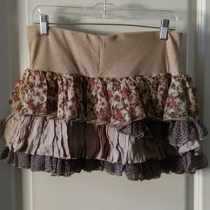 BEIGE BOHO TAN FLORAL TIERED COTTON RUFFLE MINI SKIRT